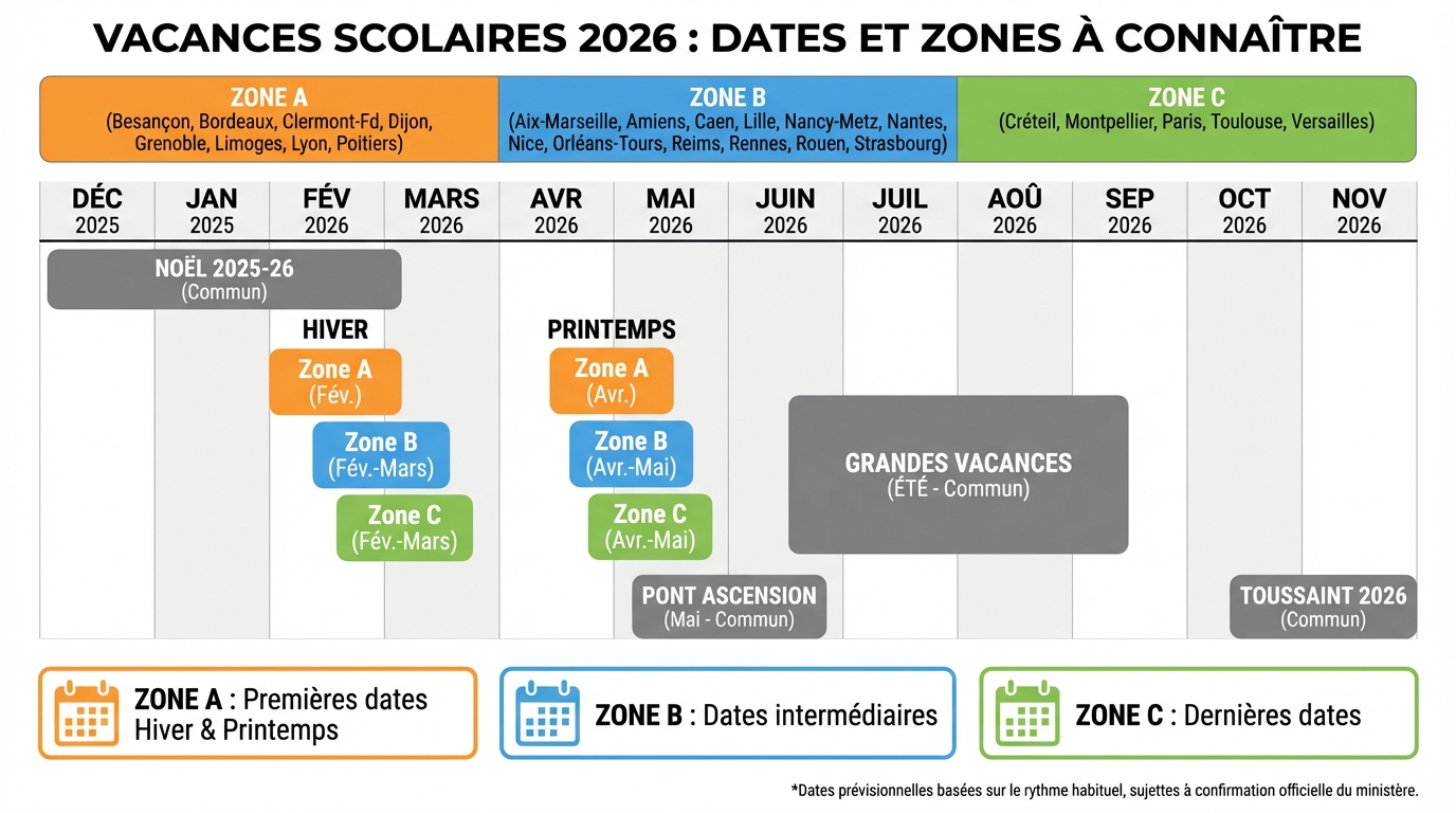 Vacances scolaires 2026 : dates et zones à connaître 3 Zones des vacances scolaires